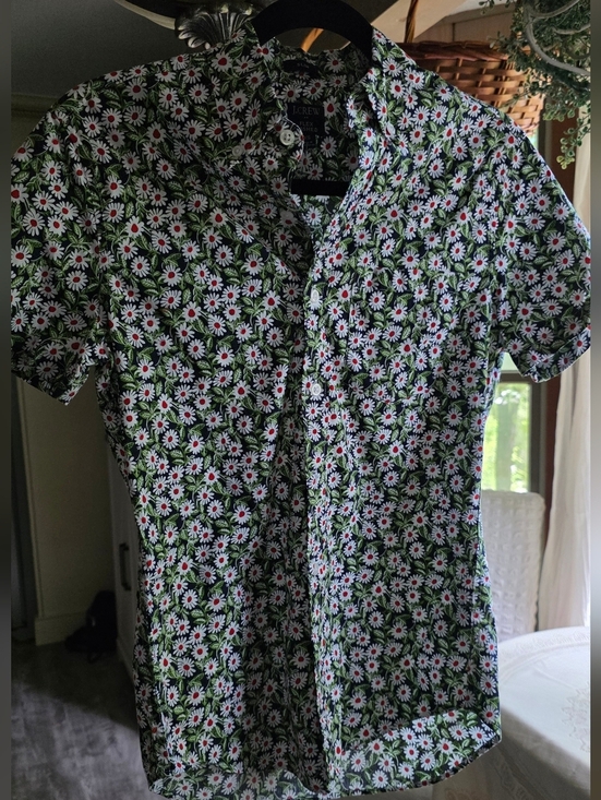 J. Crew Other - J. Crew Black Short-Sleeve Button-Up with White Daisies and Red Centers